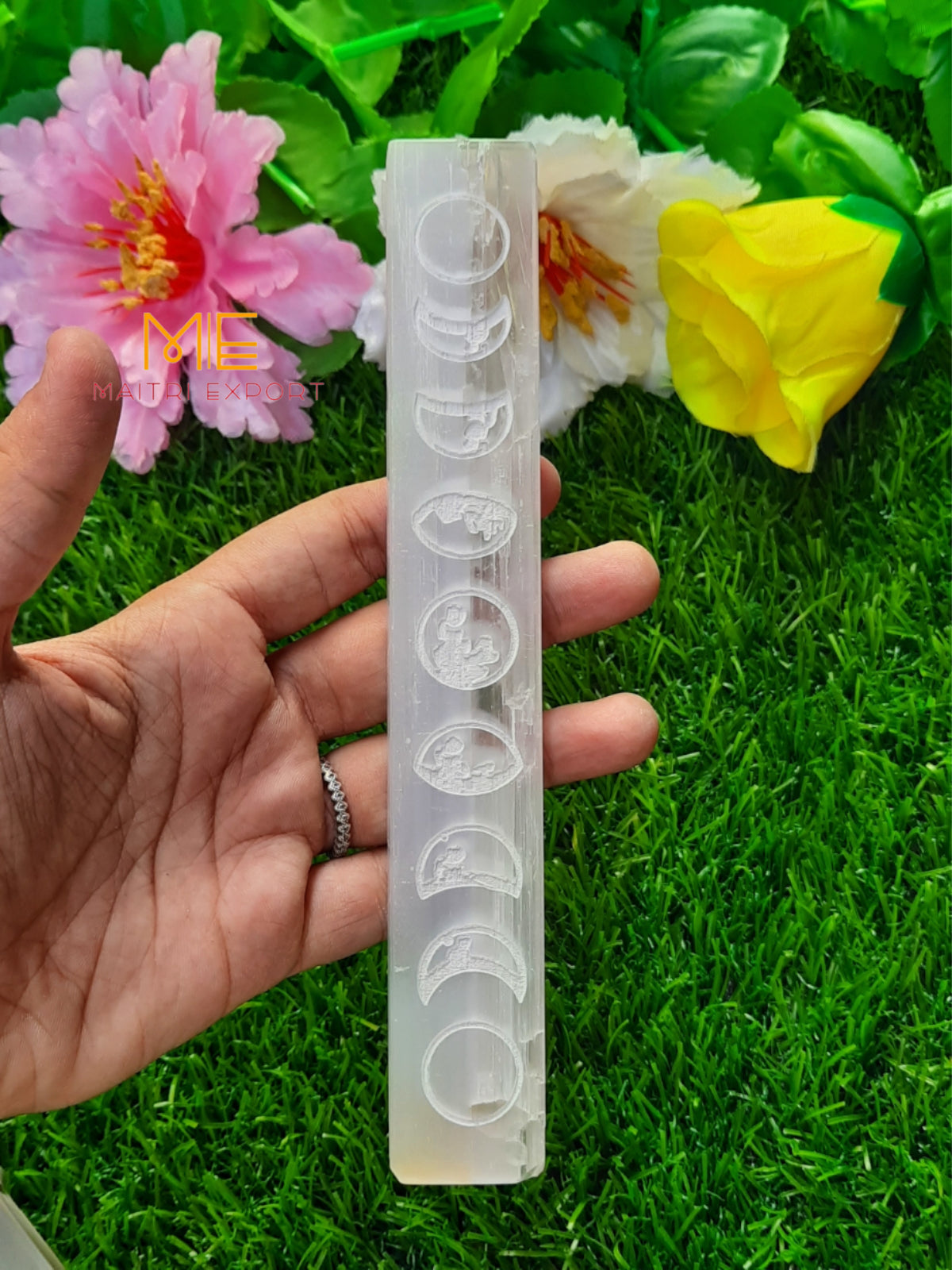 selenite plain and carved stick wands-white moon phases-Maitri Export | Crystals Store