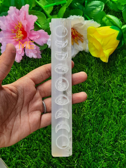 selenite plain and carved stick wands-white moon phases-Maitri Export | Crystals Store