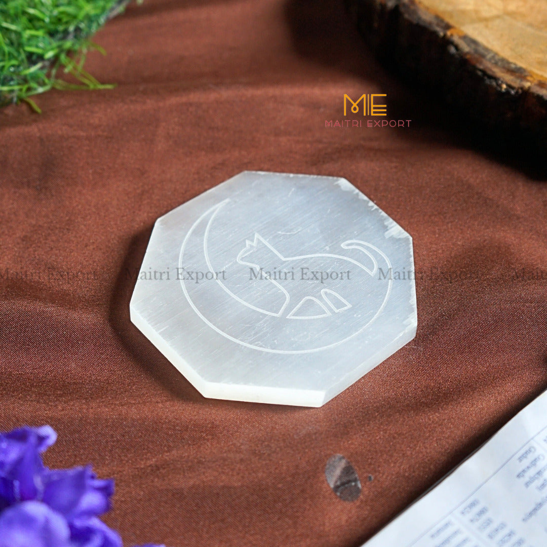 Natural selenite plate with different carvings-Octagon-Cat with Moon-Maitri Export | Crystals Store
