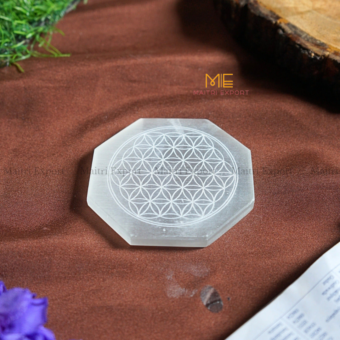 Natural selenite plate with different carvings-Octagon-Flower of Life-Maitri Export | Crystals Store