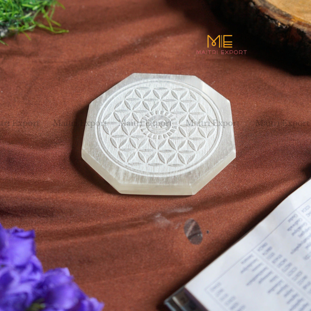 Natural selenite plate with different carvings-Octagon-Flower Of Life with Eye of Horus-Maitri Export | Crystals Store