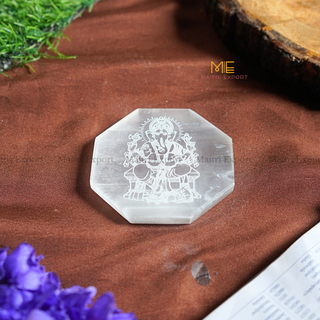 Natural selenite plate with different carvings-Octagon-Ganesha 1-Maitri Export | Crystals Store