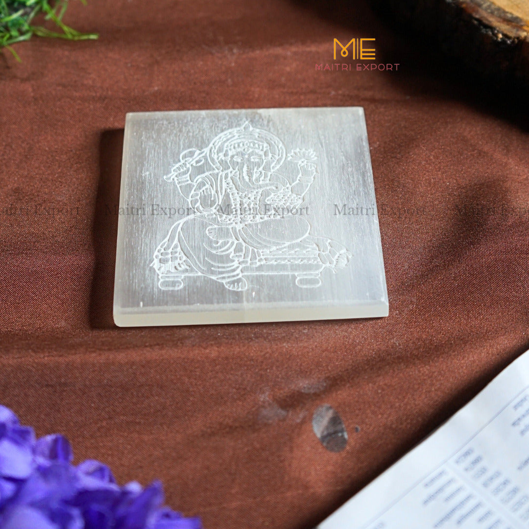 Natural selenite plate with different carvings-Square-Ganesha 1-Maitri Export | Crystals Store