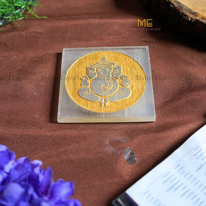 Natural selenite plate with different carvings-Square-Ganesha in Golden-Maitri Export | Crystals Store