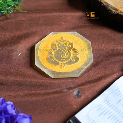 Natural selenite plate with different carvings-Octagon-Ganesha in Golden-Maitri Export | Crystals Store