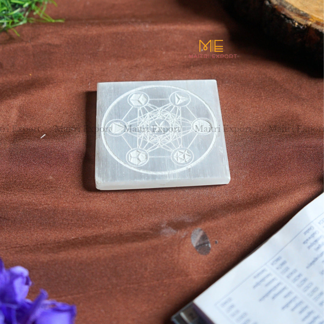 Natural selenite plate with different carvings-Square-Metatron-Maitri Export | Crystals Store