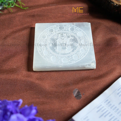 Natural selenite plate with different carvings-Square-Triple Goddess Moon phase-Maitri Export | Crystals Store
