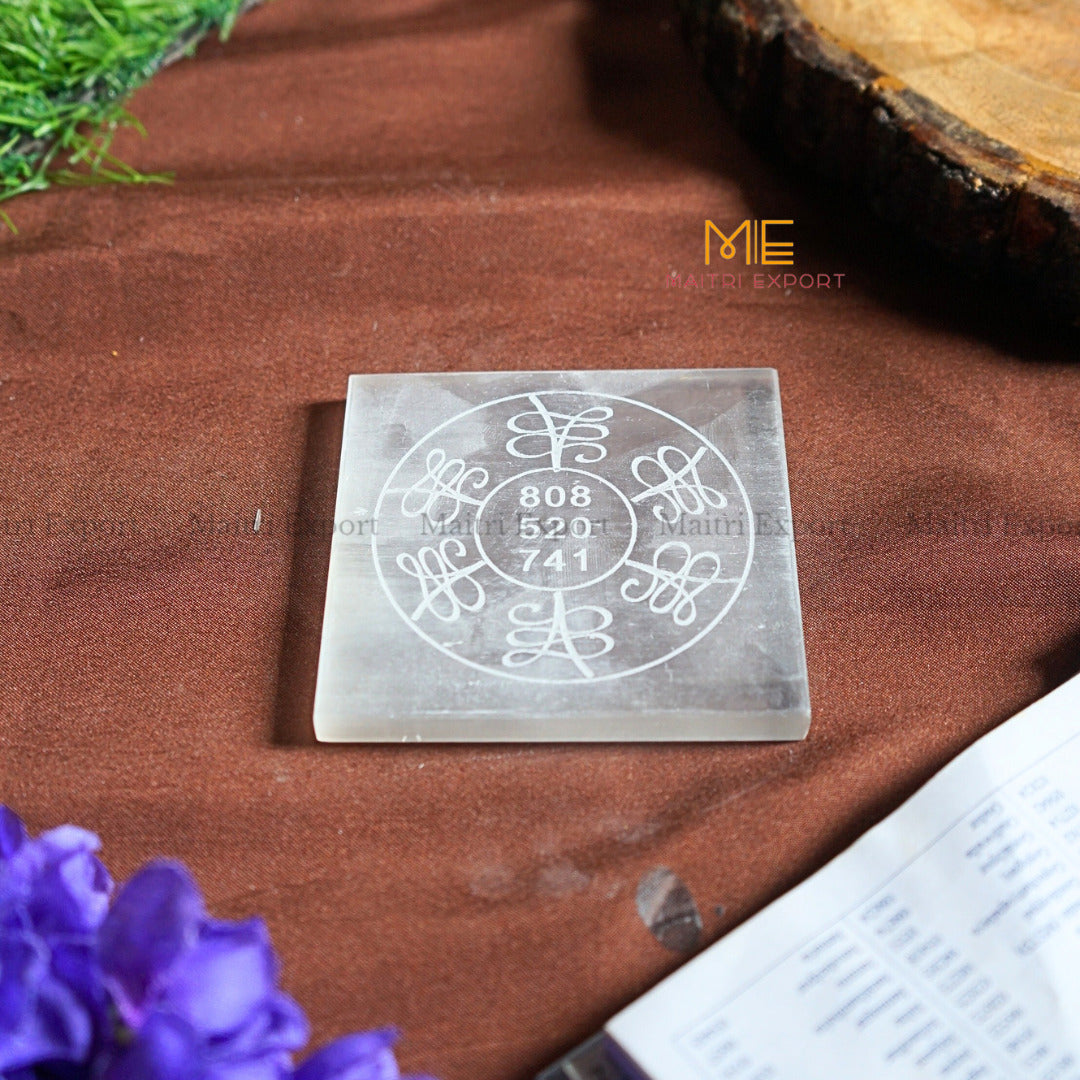Natural selenite plate with different carvings-Square-Zibu symbol for Money-Maitri Export | Crystals Store