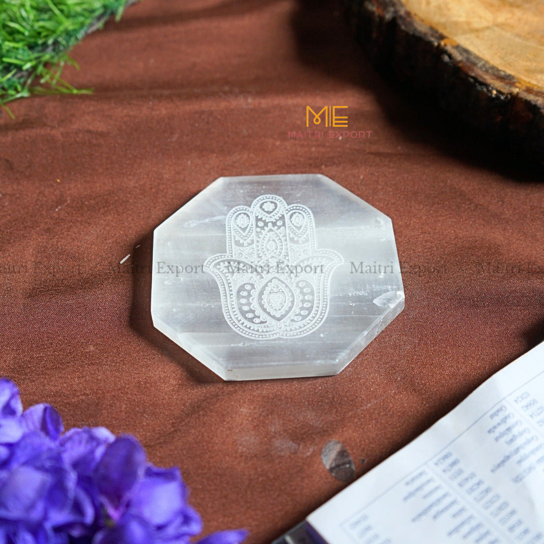 Natural selenite plate with different carvings-Octagon-Hamsa hand 1-Maitri Export | Crystals Store