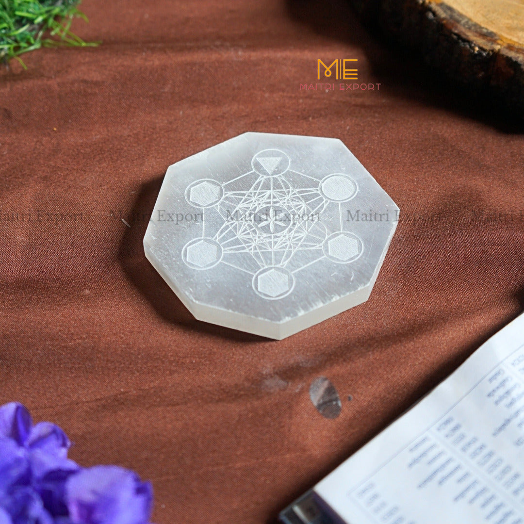Natural selenite plate with different carvings-Octagon-Metatron-Maitri Export | Crystals Store