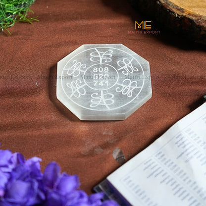 Natural selenite plate with different carvings-Octagon-Zibu symbol for Money-Maitri Export | Crystals Store