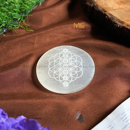 Natural selenite plate with different carvings-Round-7 chakra with flower of life-Maitri Export | Crystals Store