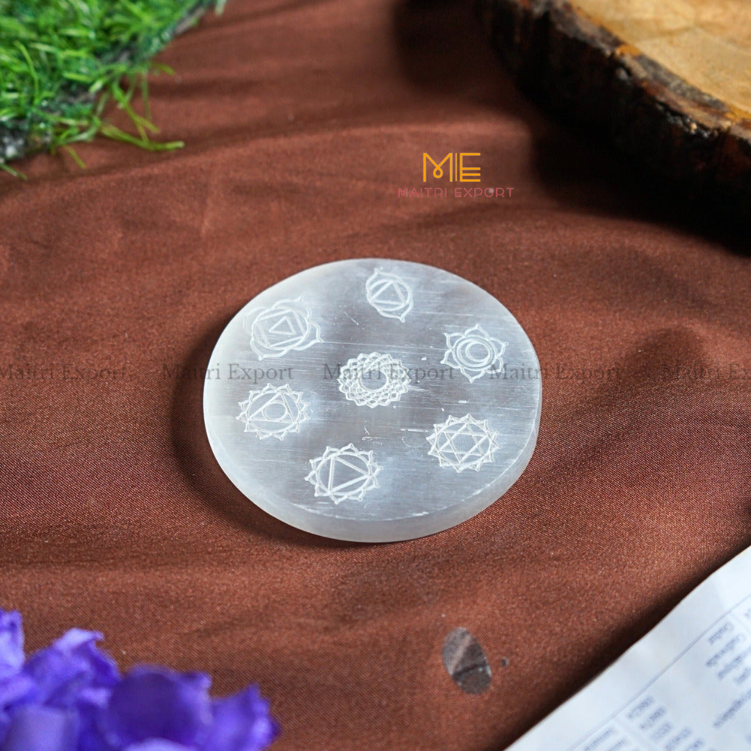 Natural selenite plate with different carvings-Round-7 chakra White-Maitri Export | Crystals Store