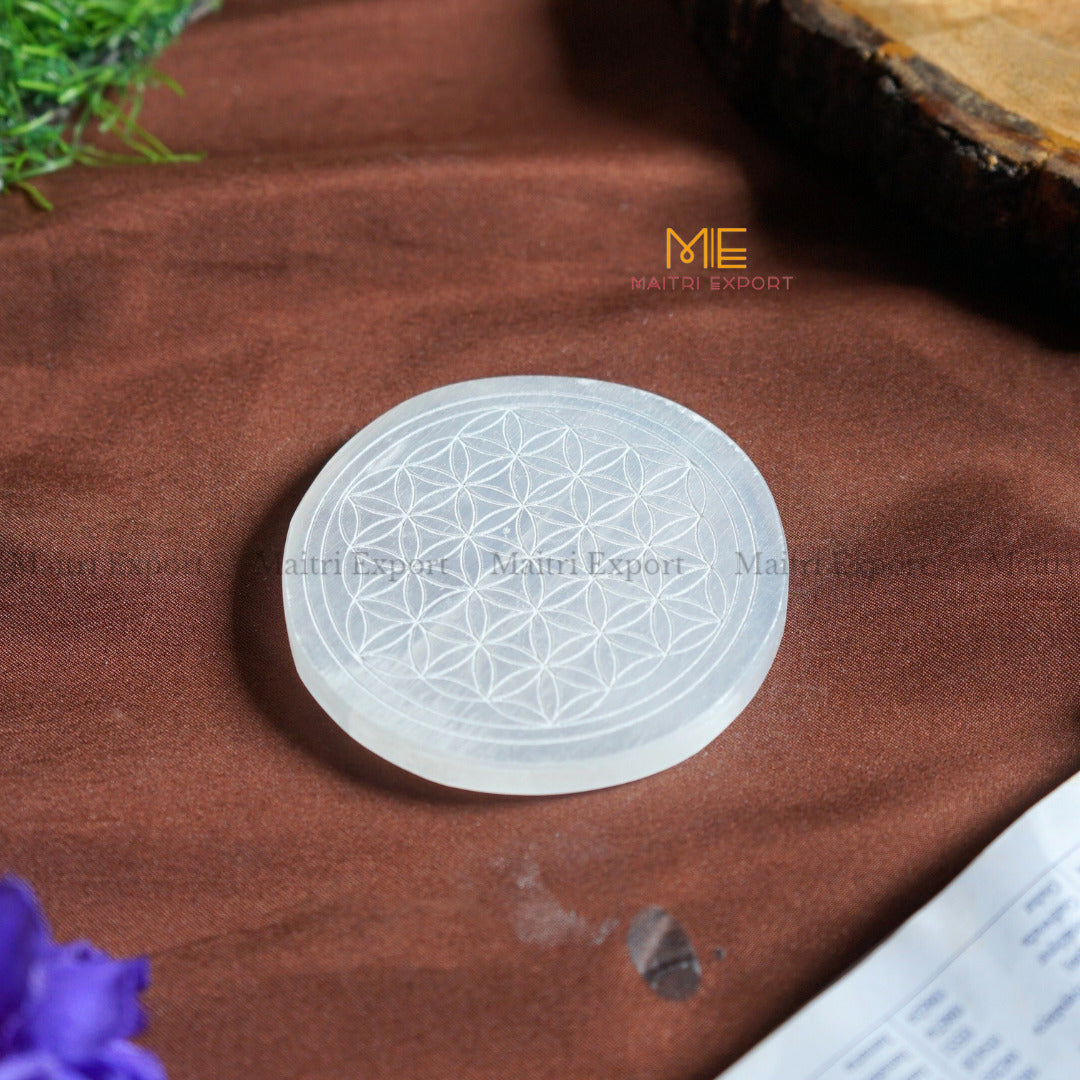 Natural selenite plate with different carvings-Round-Flower of Life-Maitri Export | Crystals Store