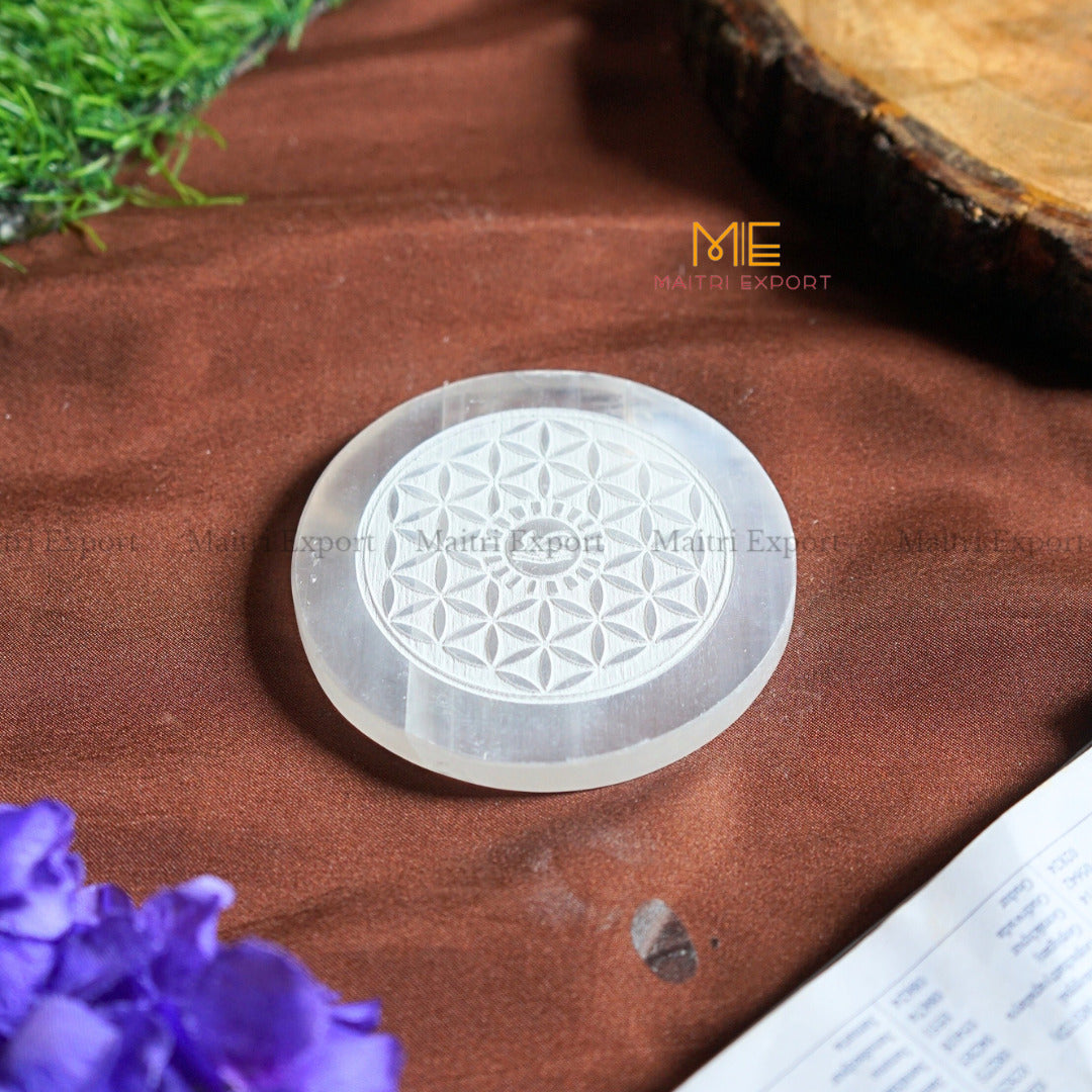 Natural selenite plate with different carvings-Round-Flower Of Life with Eye of Horus-Maitri Export | Crystals Store