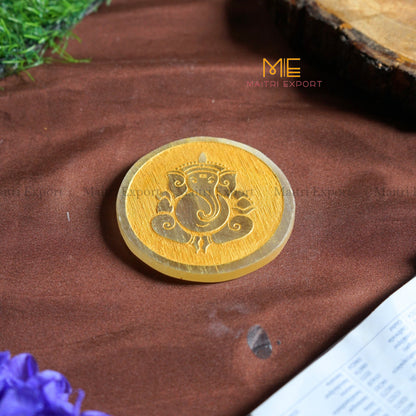 Natural selenite plate with different carvings-Round-Ganesha in Golden-Maitri Export | Crystals Store