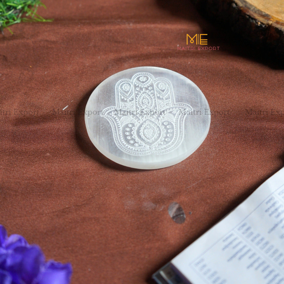 Natural selenite plate with different carvings-Round-Hamsa hand 1-Maitri Export | Crystals Store