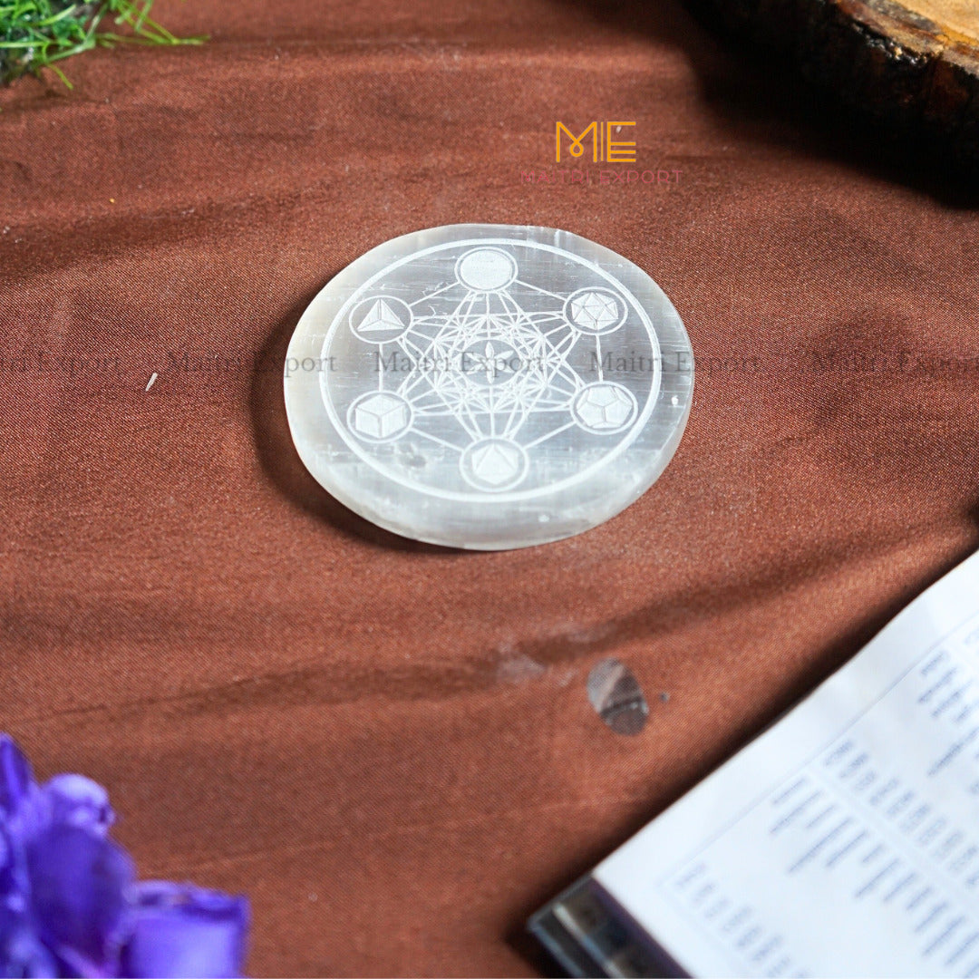 Natural selenite plate with different carvings-Round-Metatron-Maitri Export | Crystals Store