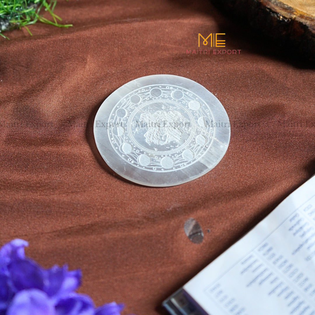 Natural selenite plate with different carvings-Round-Triple Goddess Moon phase-Maitri Export | Crystals Store