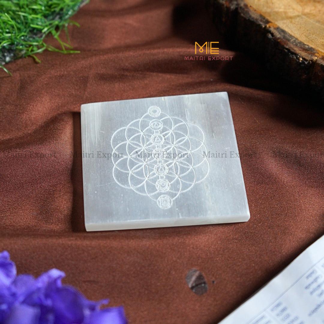 Natural selenite plate with different carvings-Square-7 chakra with flower of life-Maitri Export | Crystals Store