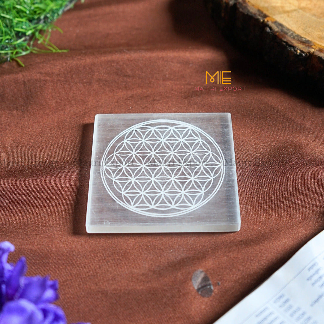 Natural selenite plate with different carvings-Square-Flower of Life-Maitri Export | Crystals Store
