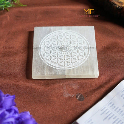 Natural selenite plate with different carvings-Square-Flower Of Life with Eye of Horus-Maitri Export | Crystals Store