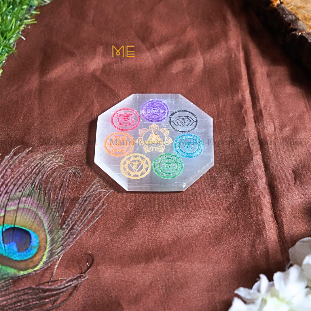Natural selenite plate with different carvings-Octagon-7 chakra Sanskrit Symbol Multicolor-Maitri Export | Crystals Store