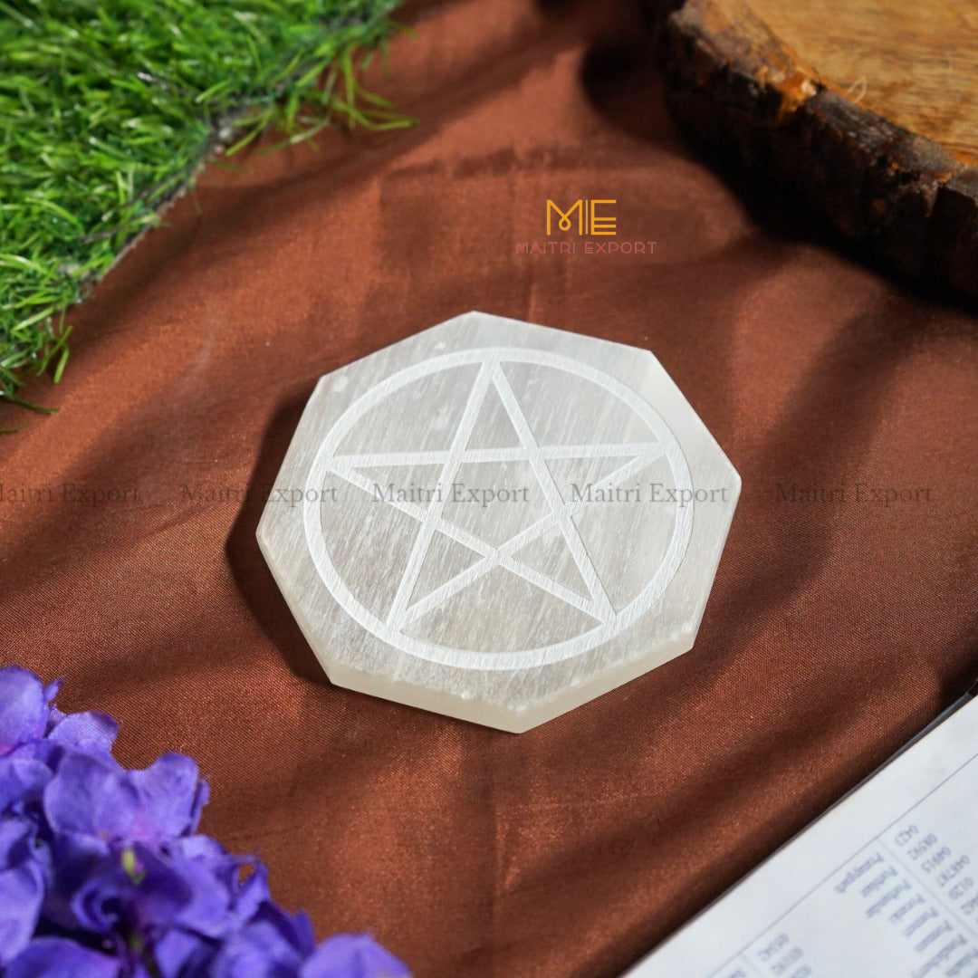 Natural selenite plate with different carvings-Octagon-Star 1-Maitri Export | Crystals Store