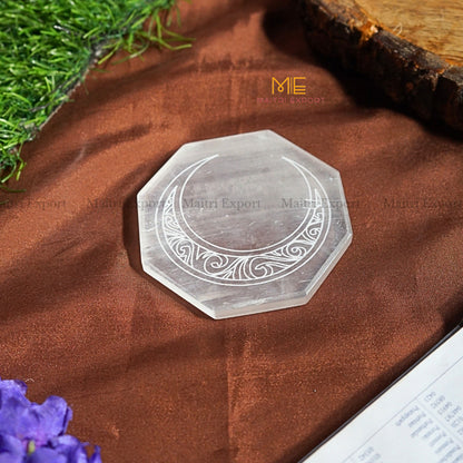Natural selenite plate with different carvings-Octagon-Half Moon-Maitri Export | Crystals Store