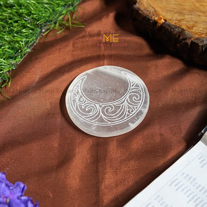 Natural selenite plate with different carvings-Round-Half Moon-Maitri Export | Crystals Store