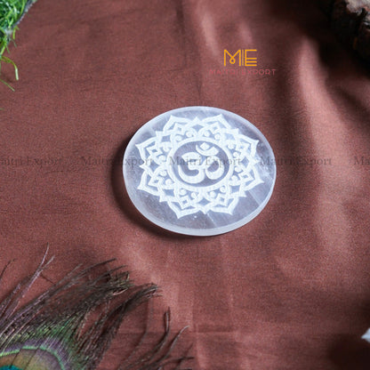 Natural selenite plate with different carvings-Round-Ohm Symbol 1-Maitri Export | Crystals Store