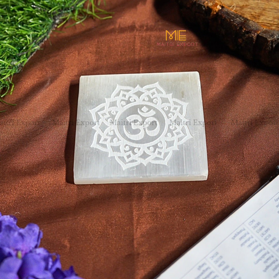 Natural selenite plate with different carvings-Square-Ohm Symbol 1-Maitri Export | Crystals Store