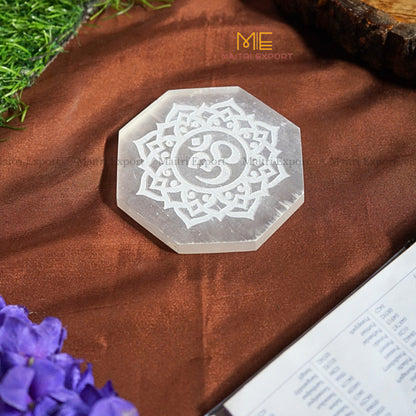 Natural selenite plate with different carvings-Octagon-Ohm Symbol 1-Maitri Export | Crystals Store