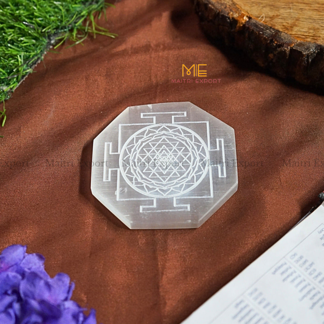 Natural selenite plate with different carvings-Octagon-Shreeyantra 1-Maitri Export | Crystals Store