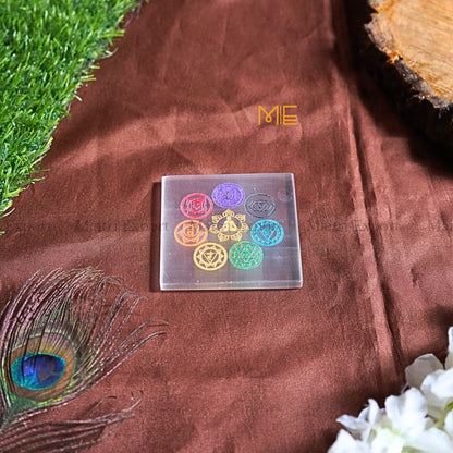 Natural selenite plate with different carvings-Square-7 chakra Sanskrit Symbol Multicolor-Maitri Export | Crystals Store