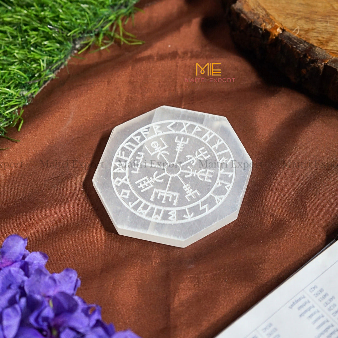 Natural selenite plate with different carvings-Octagon-Rune Symbols-Maitri Export | Crystals Store