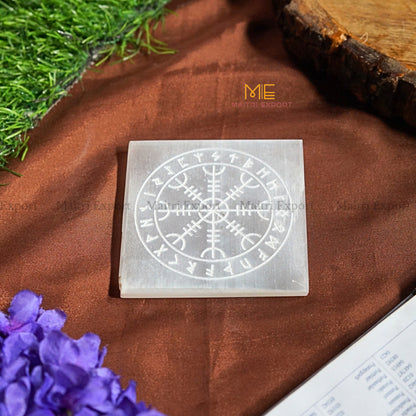 Natural selenite plate with different carvings-Square-Rune Symbols-Maitri Export | Crystals Store