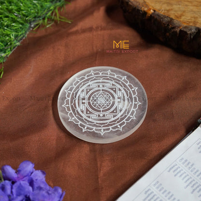 Natural selenite plate with different carvings-Round-Shreeyantra 2-Maitri Export | Crystals Store