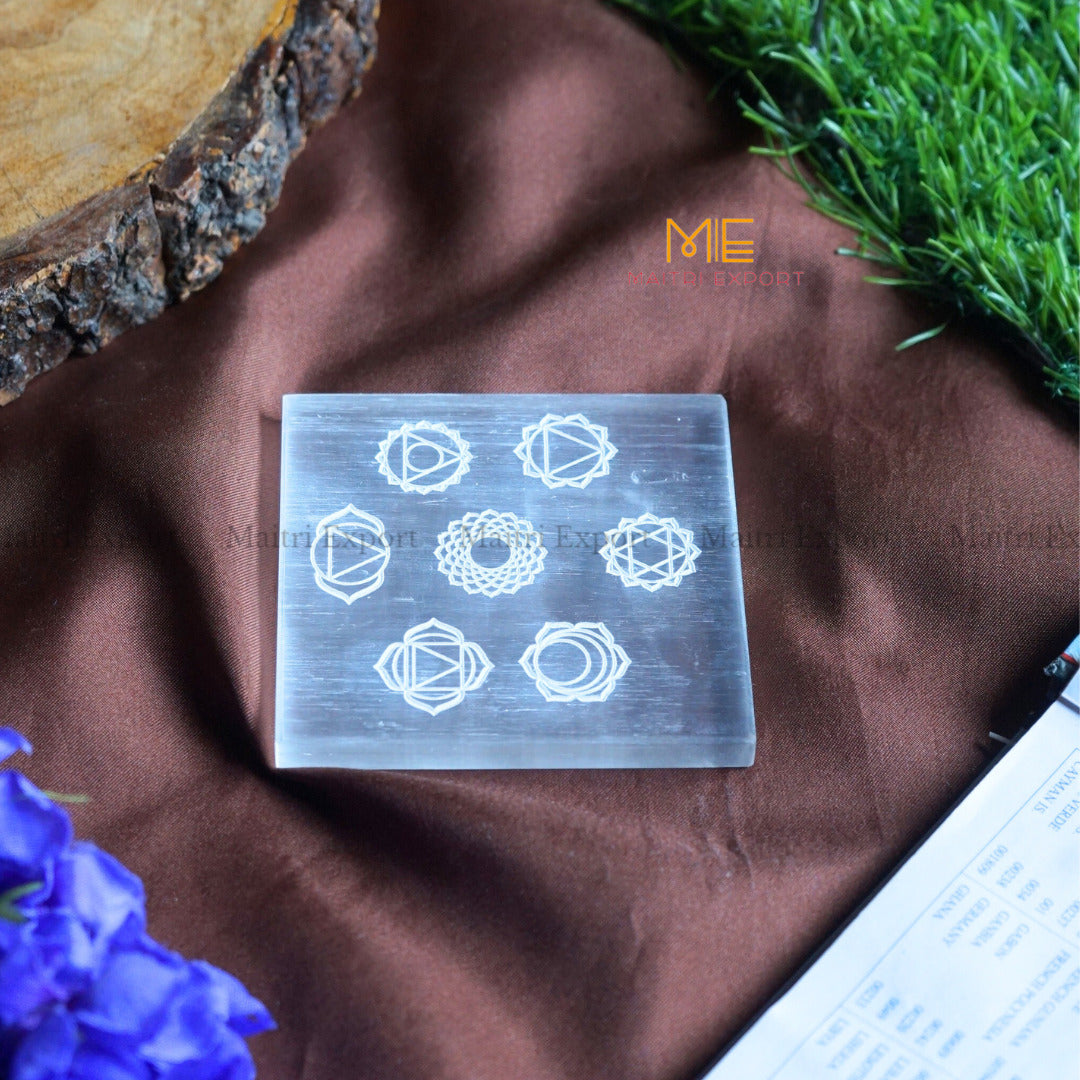 Natural selenite plate with different carvings-Square-7 chakra White-Maitri Export | Crystals Store