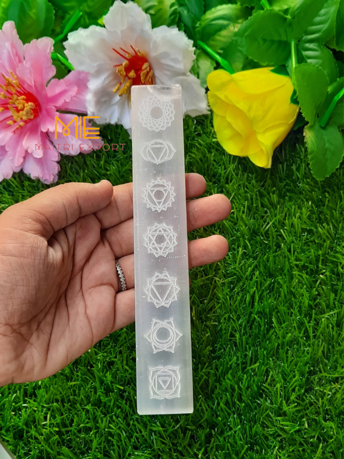 selenite plain and carved stick wands-white seven chakra symbol-Maitri Export | Crystals Store
