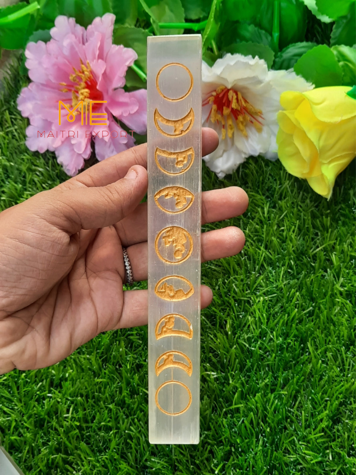 selenite plain and carved stick wands-orange moon phases-Maitri Export | Crystals Store