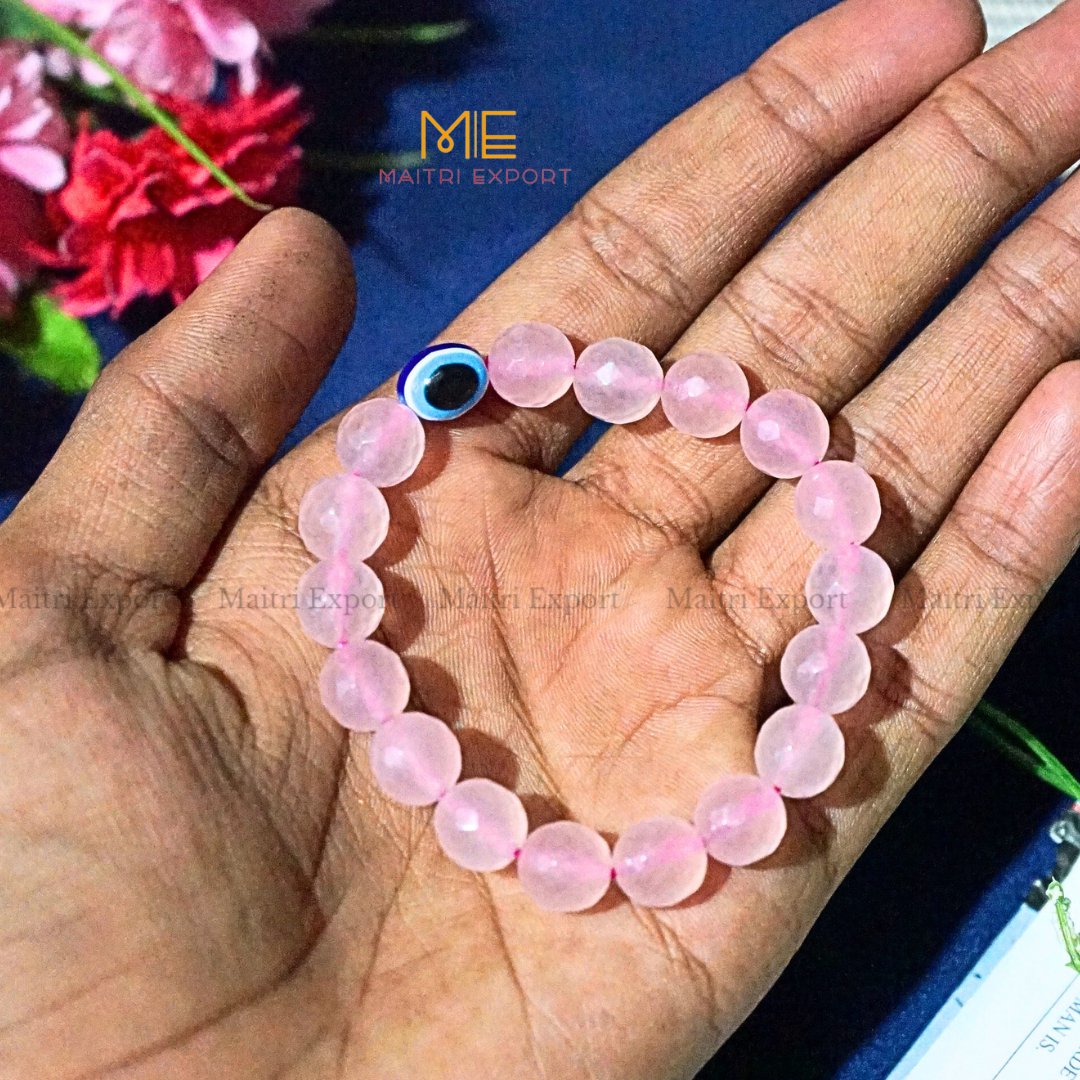 10mm crystal round beads Faceted With Evil Eye Bracelet-Rose Quartz-Maitri Export | Crystals Store