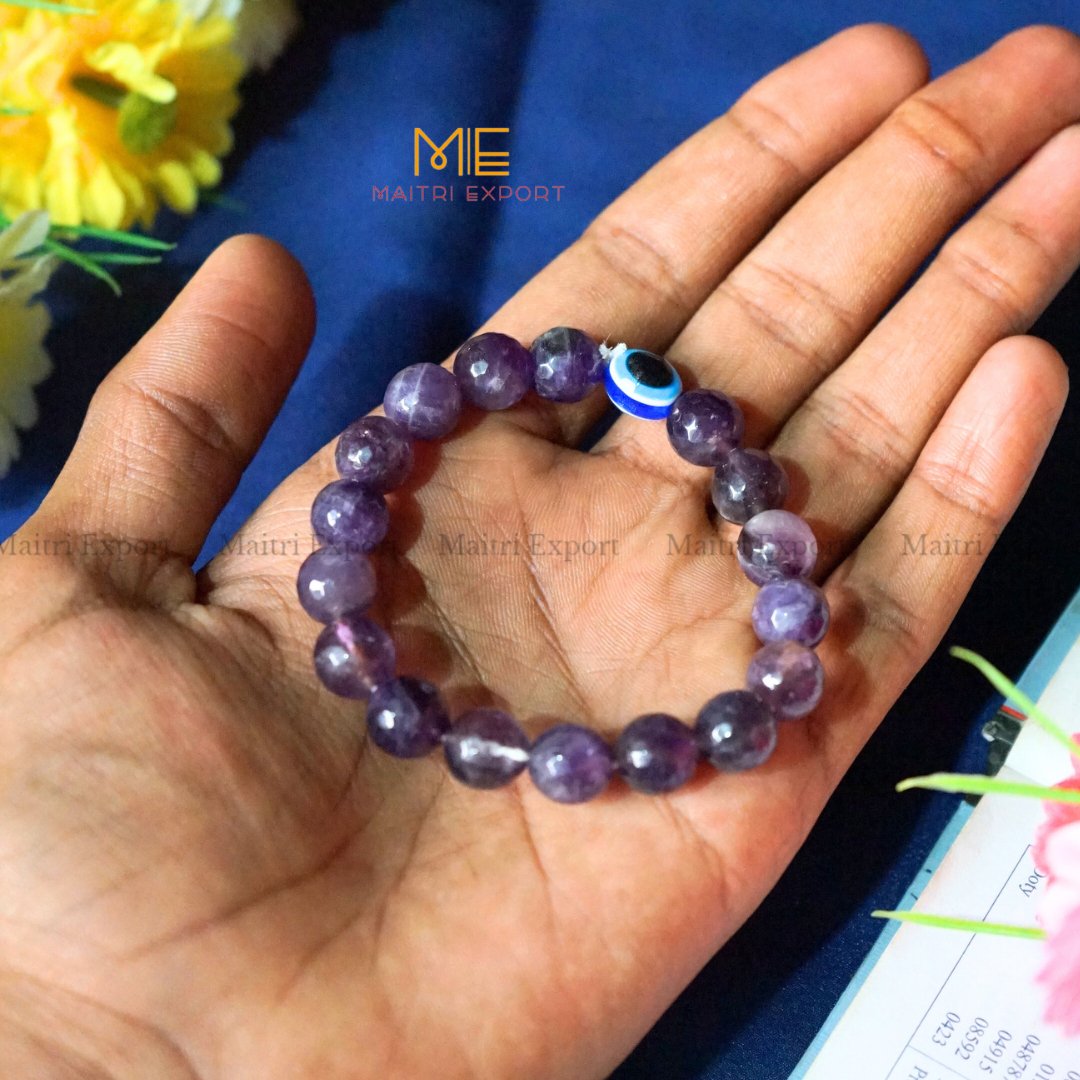 10mm crystal round beads Faceted With Evil Eye Bracelet-Amethyst-Maitri Export | Crystals Store