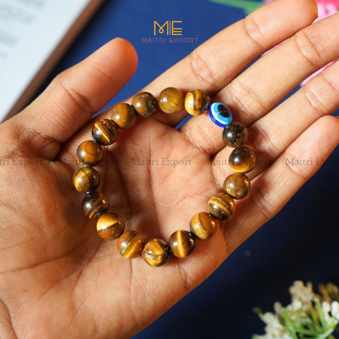 10mm Round beads Healing Crystals with Evil Eye Bracelet-Tiger Eye-Maitri Export | Crystals Store