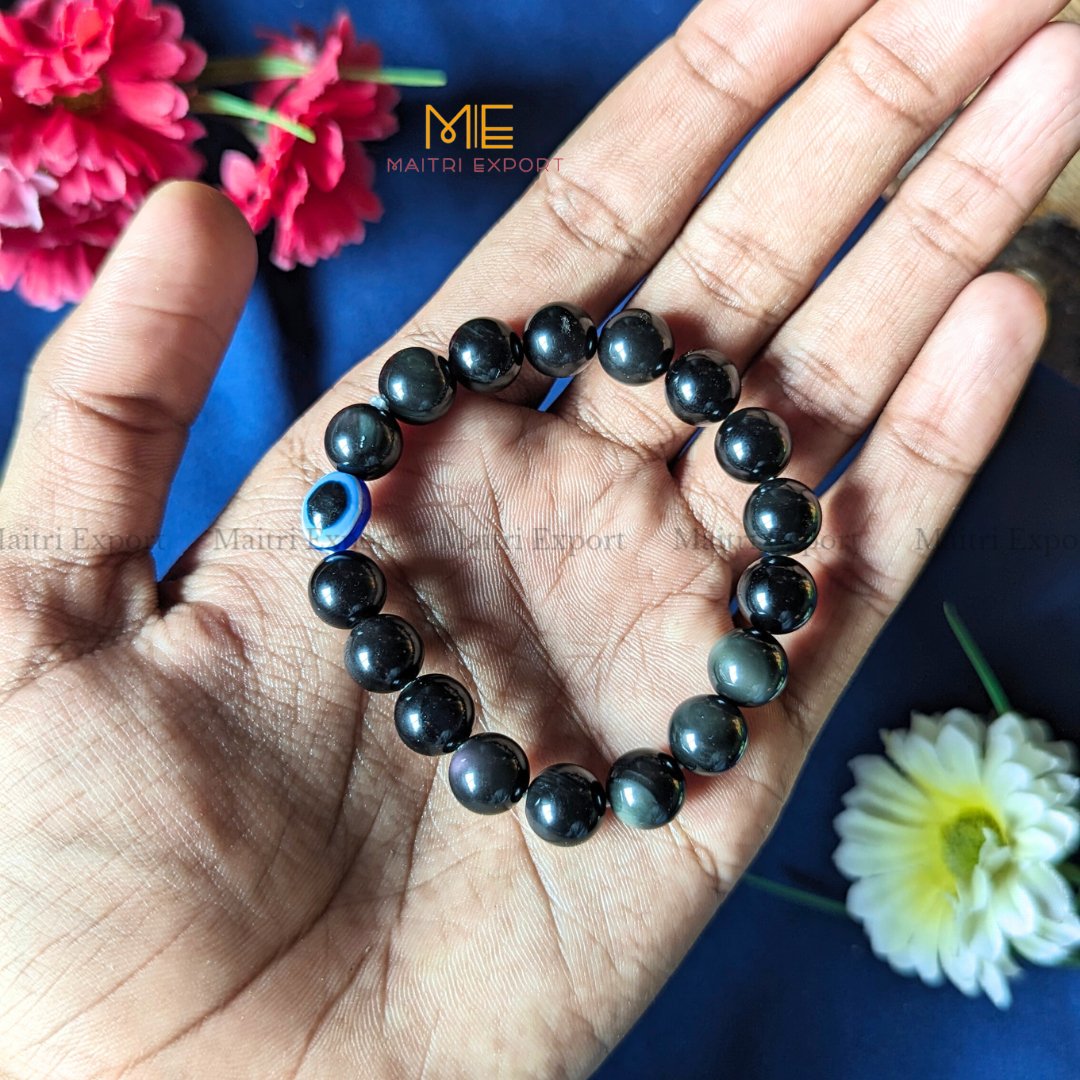 10mm Round beads Healing Crystals with Evil Eye Bracelet-Black Rainbow Obsidian-Maitri Export | Crystals Store