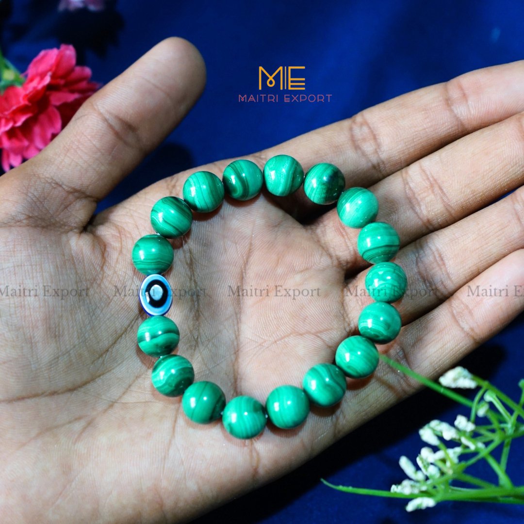 10mm Round beads Healing Crystals with Evil Eye Bracelet-Malachite-Maitri Export | Crystals Store