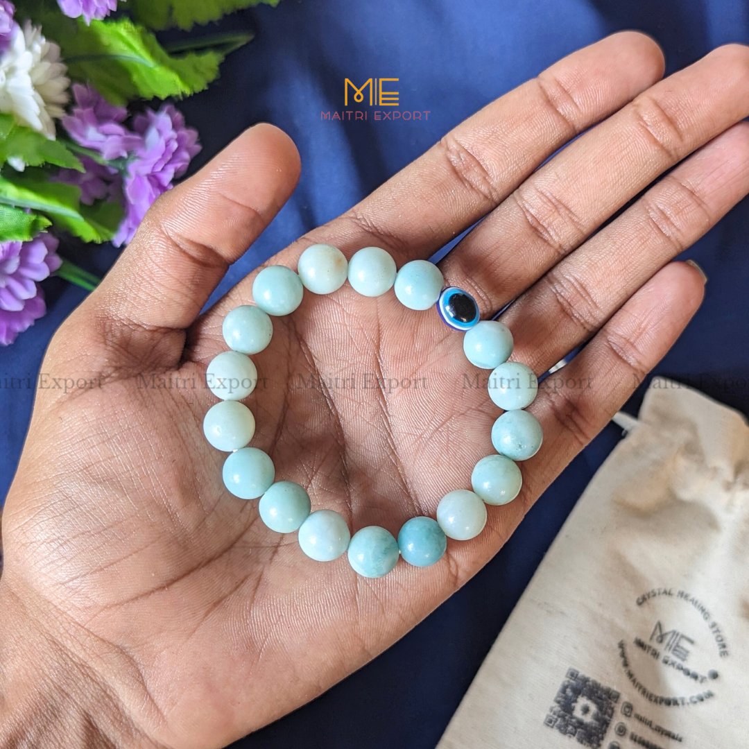 10mm Round beads Healing Crystals with Evil Eye Bracelet-Amazonite-Maitri Export | Crystals Store