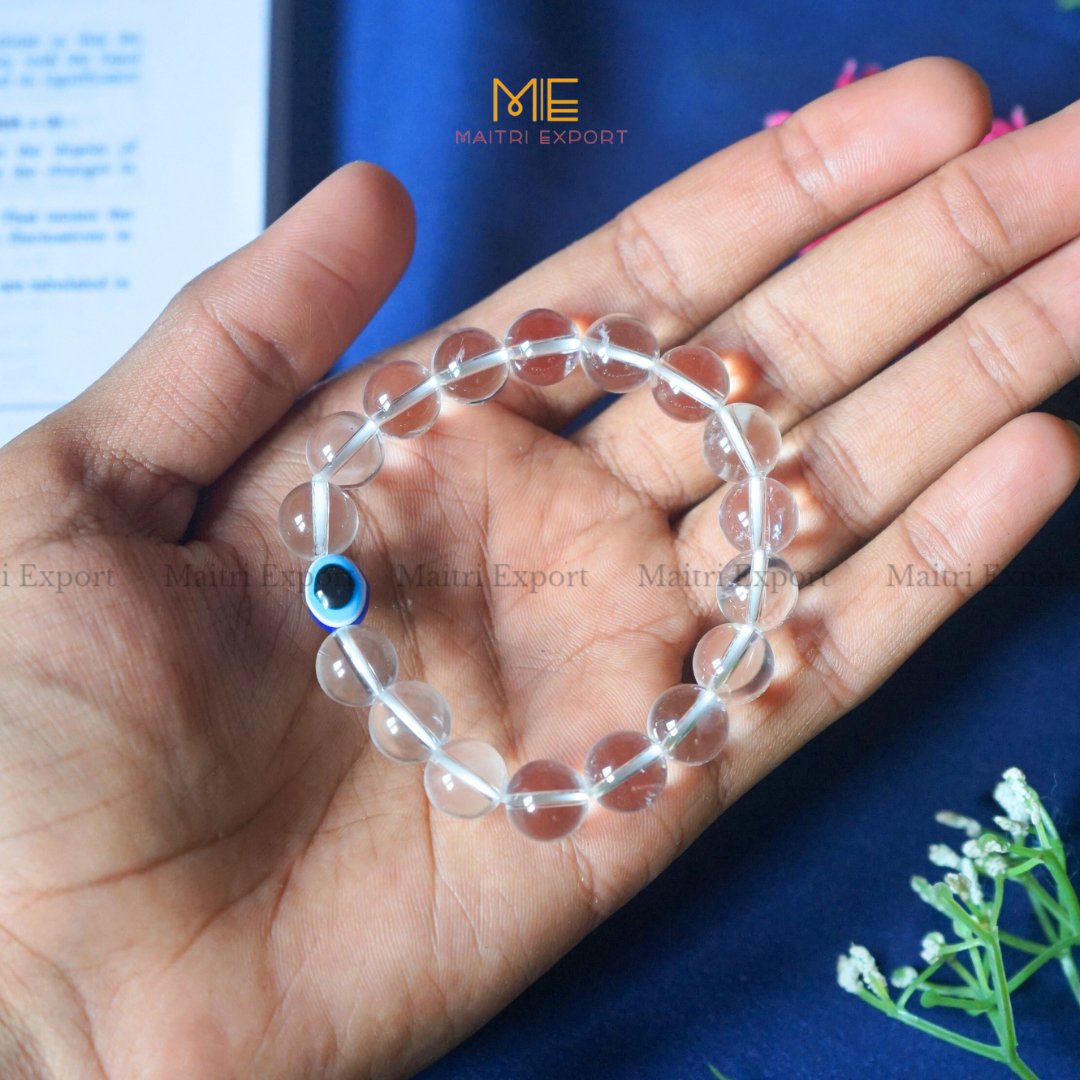 10mm Round beads Healing Crystals with Evil Eye Bracelet-Clear Quartz-Maitri Export | Crystals Store
