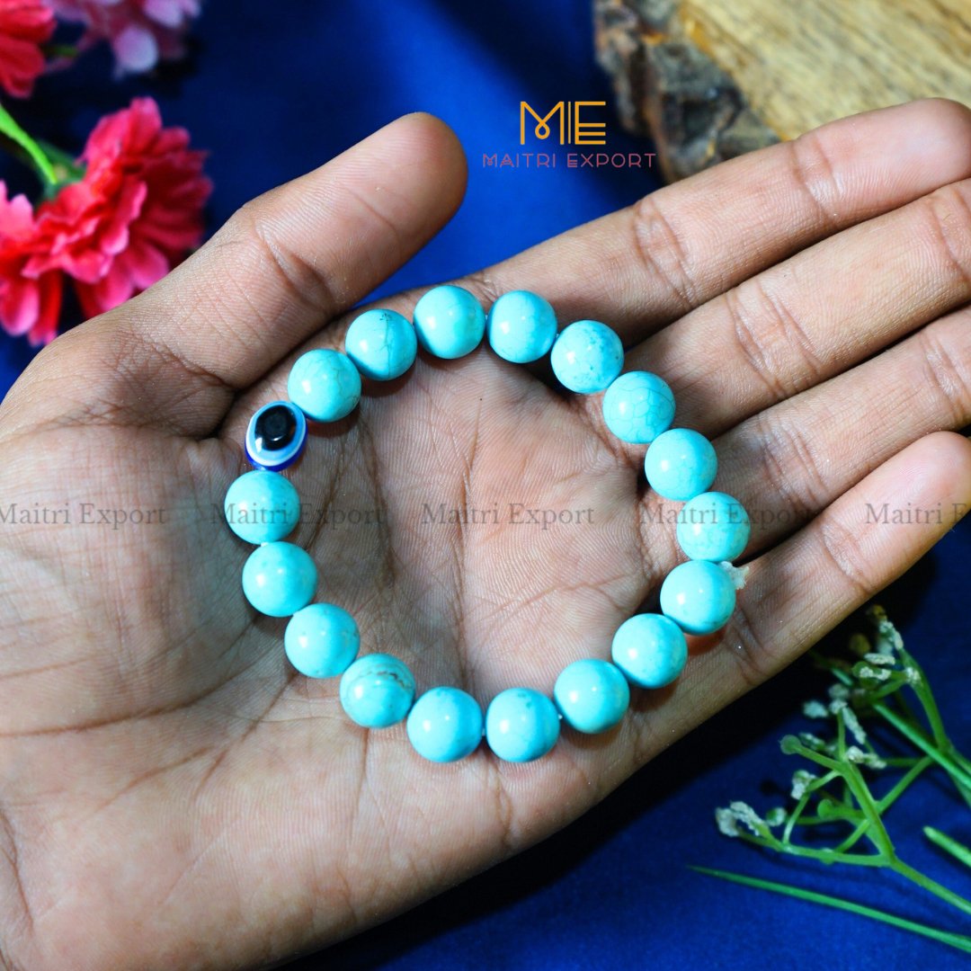 10mm Round beads Healing Crystals with Evil Eye Bracelet-Turquoise-Maitri Export | Crystals Store