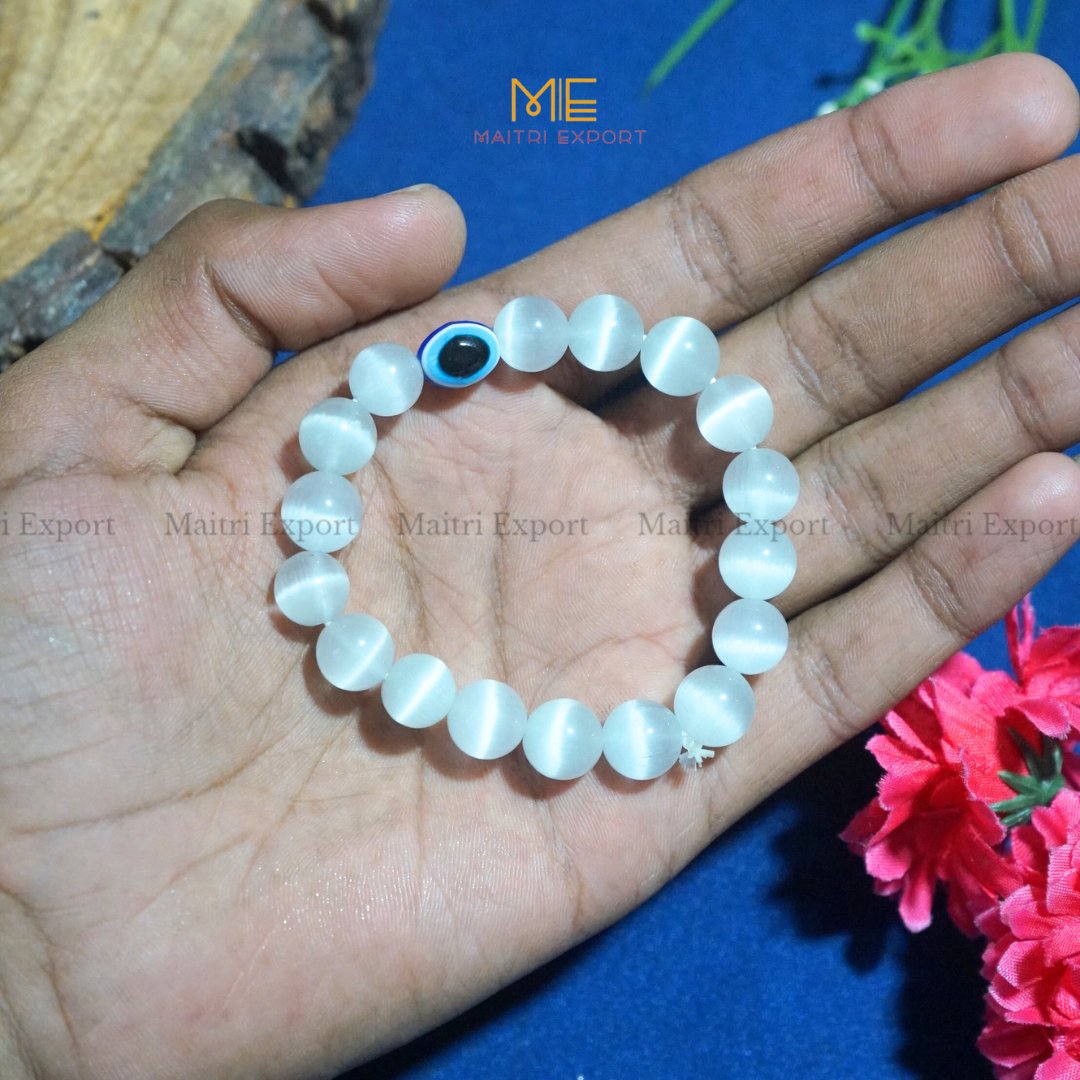 10mm Round beads Healing Crystals with Evil Eye Bracelet-Selenite-Maitri Export | Crystals Store